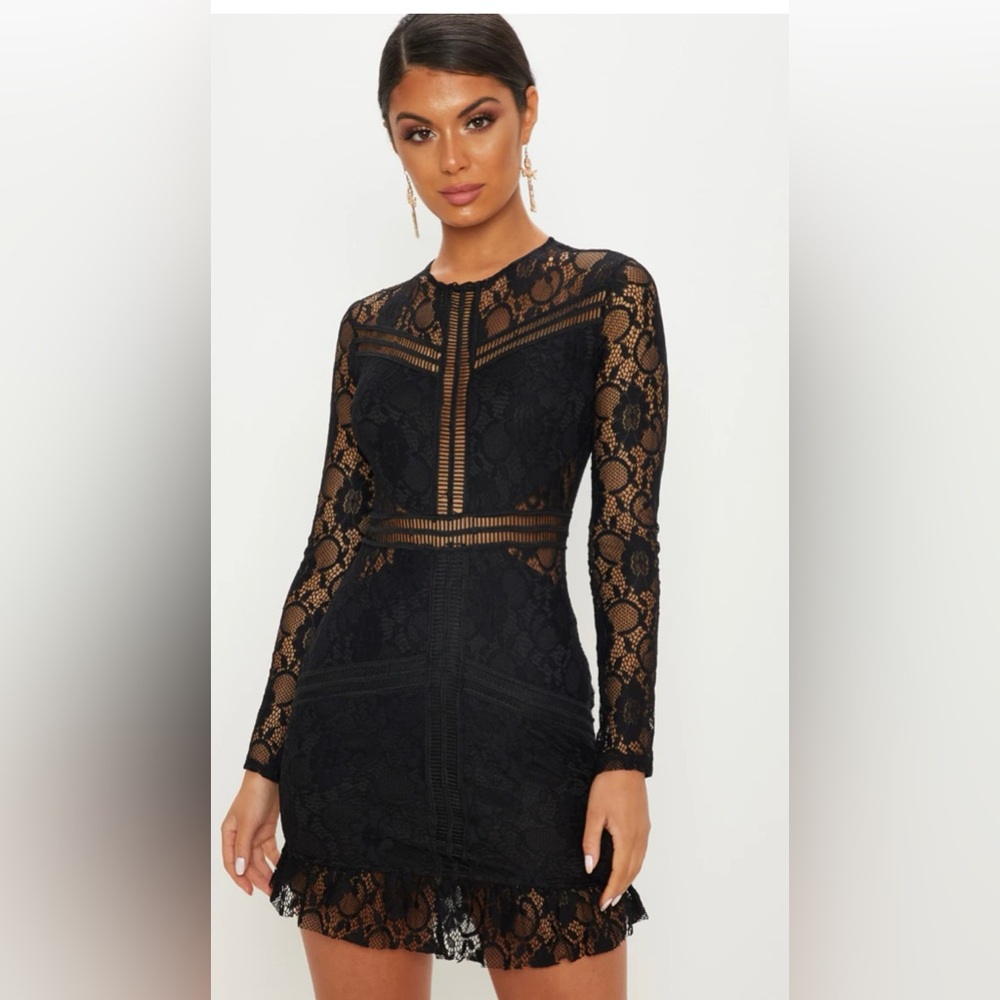 Pretty little things Lace Ladder Detail Frill Hem Bodycon Dress-4 long sleeve